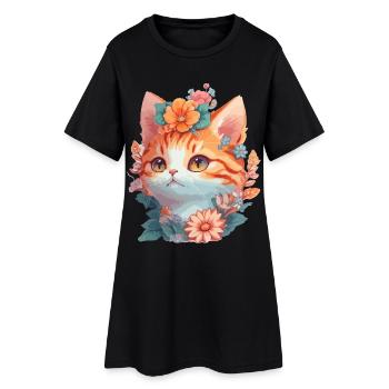 Chat rouge avec des fleurs - Robe T-shirt Femme - noir - Devant