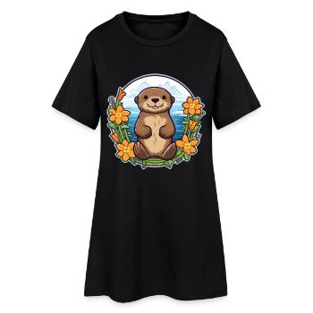 Conception de loutre mignonne | Ambiance estivale | fleur - Robe T-shirt Femme - noir - Devant
