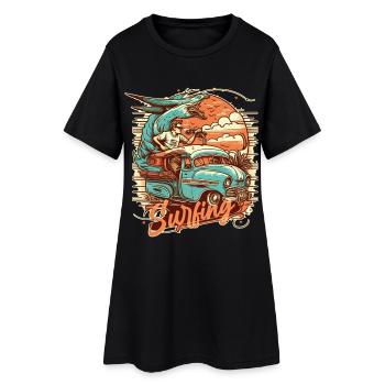 Surfeur et animal fantastique dans le bus lors d’un voyage de surf - Robe T-shirt Femme - noir - Devant