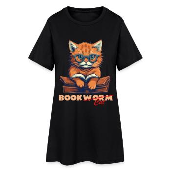 Katze mit Buch und Schriftzug - Frauen T-Shirt-Kleid - Schwarz - Vorne