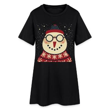 Winter Eulenpullover mit Brille - Frauen T-Shirt-Kleid - Schwarz - Vorne