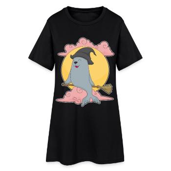 Seehund Hexe Besen - Frauen T-Shirt-Kleid - Schwarz - Vorne
