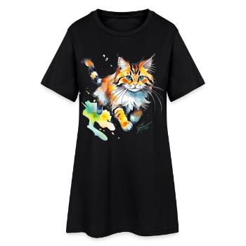 Wasserfarben Katze im Spritz-Look - Frauen T-Shirt-Kleid - Schwarz - Vorne