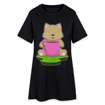 Katze Kaffee Becher - Frauen T-Shirt-Kleid - Schwarz - Vorne