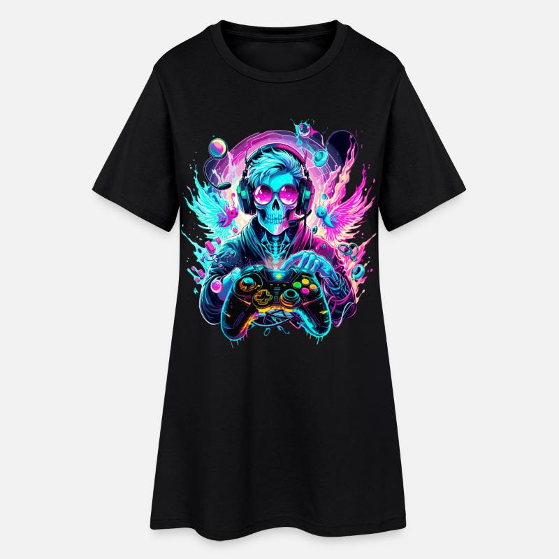 Synthwave Skull Gaming Controller Art - Frauen T-Shirt-Kleid - Schwarz