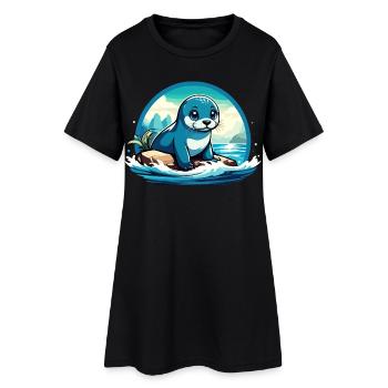 Phoque sur les rochers - Robe T-shirt Femme - noir - Devant