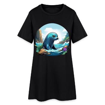 Robbe an der Küste - Frauen T-Shirt-Kleid - Schwarz - Vorne