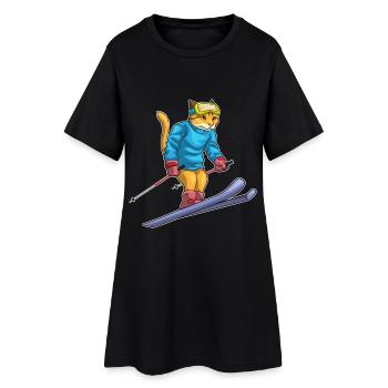 Katze Skifahrer Ski - Frauen T-Shirt-Kleid - Schwarz - Vorne