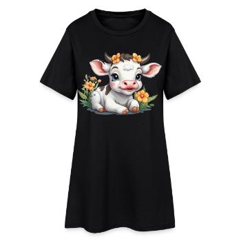 Niedliche Baby-Kuh Kalb auf Blumenwiese - Frauen T-Shirt-Kleid - Schwarz - Vorne