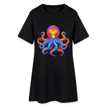 Riesiger pazifischer Oktopus Bunte Kawaii Karikatur - Frauen T-Shirt-Kleid - Schwarz - Vorne