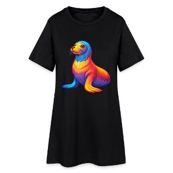 Lion de mer Kawaii coloré dessin animé Animal marin - Robe T-shirt Femme - noir - Devant
