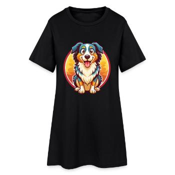 Australian Shepherd Hund Lustiges Kawaii Cartoon Haustier - Frauen T-Shirt-Kleid - Schwarz - Vorne