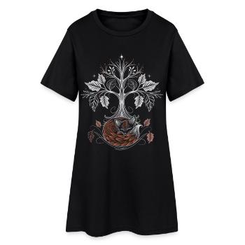 Schlafender Fuchs unter Lebensbaum - Herbstnacht - Frauen T-Shirt-Kleid - Schwarz - Vorne