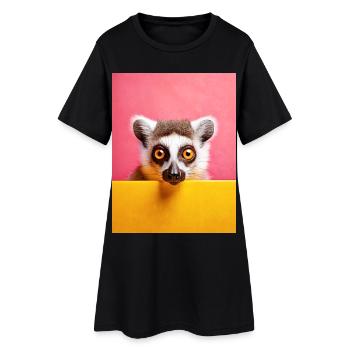 Pink and yellow lemur animal intense gaze art - Women’s T-Shirt Dress - black - Front