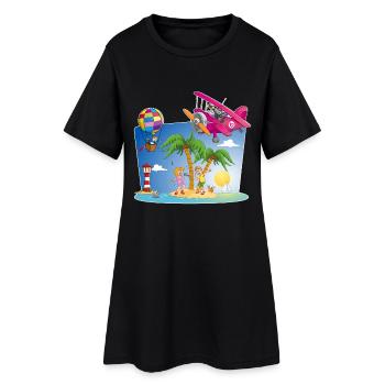 soleil, île, avion, palmiers, montgolfière - Robe T-shirt Femme - noir - Devant