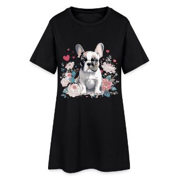 Charmanter French Bulldog mit Blumenarrangement - Frauen T-Shirt-Kleid - Schwarz - Vorne