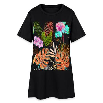 Exotisches Monstera Tropenmuster mit Blumen - Frauen T-Shirt-Kleid - Schwarz - Vorne