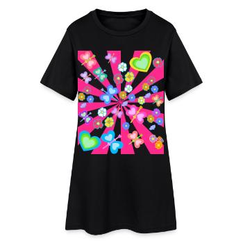 Fleur Florale Coeur Coeurs Papillons Rétro Années 80 - Robe T-shirt Femme - noir - Devant