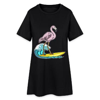 Été de surf sur planche de surf au flamant rose - Robe T-shirt Femme - noir - Devant