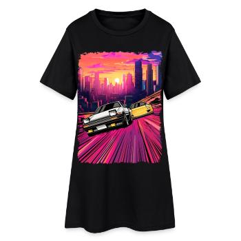 Neon City Auto Verfolgungsjagd Illustration - Frauen T-Shirt-Kleid - Schwarz - Vorne