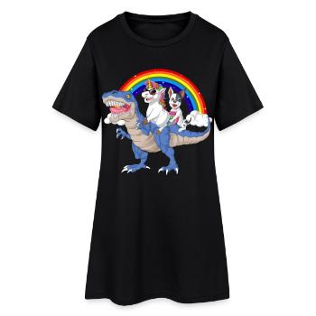 Regenbogen-Dinosaurier mit Einhorn und französischer Bulldogge - Frauen T-Shirt-Kleid - Schwarz - Vorne