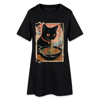 Schwarze Katze, die japanische Ramen genießt - Frauen T-Shirt-Kleid - Schwarz - Vorne