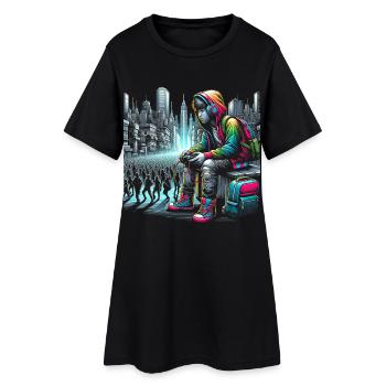 Illustration vibrante du paysage urbain cyberpunk - Robe T-shirt Femme - noir - Devant
