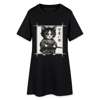 Samurai Katze Japanischer Kunst, Lustiges Kätzchen - Frauen T-Shirt-Kleid - Schwarz - Vorne