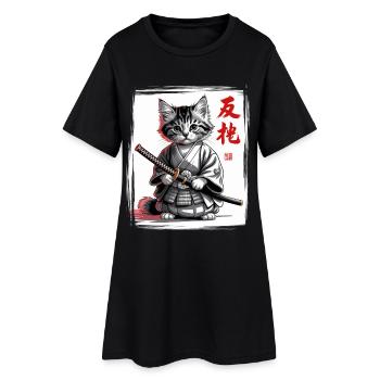 Samurai Katze Lustiges Kätzchen, Japanischer Kunst - Frauen T-Shirt-Kleid - Schwarz - Vorne