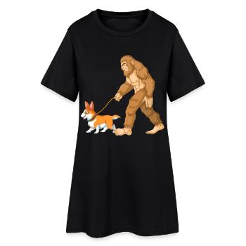 Bigfoot Walking a Corgi – Funny Cryptid Dog Design - Women’s T-Shirt Dress - black - Front