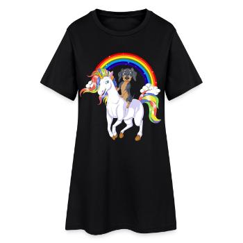 Drôle de teckel chevauchant une licorne sur l’arc-en-ciel magique - Robe T-shirt Femme - noir - Devant