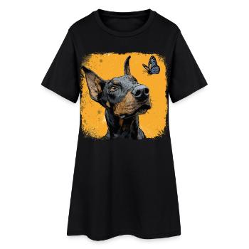 Drôle de doberman et de papillon sur orange - Robe T-shirt Femme - noir - Devant