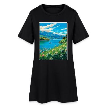 Vue sur le lac Azure avec fleurs sauvages - Robe T-shirt Femme - noir - Devant