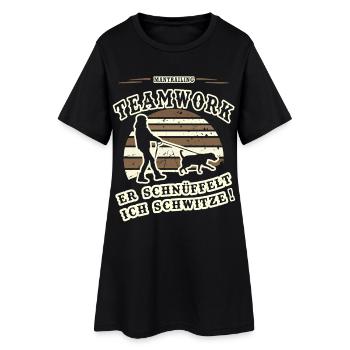 Mantrailing Teamwork Er schnüffelt Ich Schwitze - Frauen T-Shirt-Kleid - Schwarz - Vorne