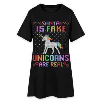 Unicorn Ugly Christmas Sweater Santa is fake - Women’s T-Shirt Dress - black - Front