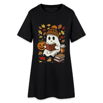 Gespenst mit Buch und Kaffee - Halloween Kostüm - Frauen T-Shirt-Kleid - Schwarz - Vorne