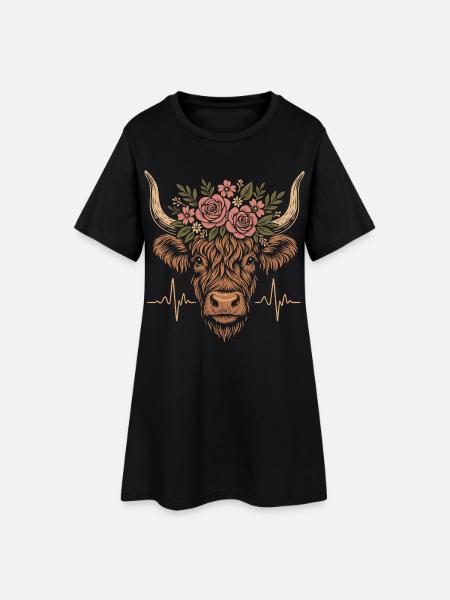 Highland cow with flowers and heartbeat ECG - Women’s T-Shirt Dress - black