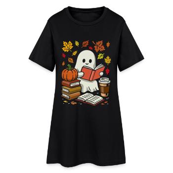 Gespenst mit Buch und Kaffee - Halloween Kostüm - Frauen T-Shirt-Kleid - Schwarz - Vorne