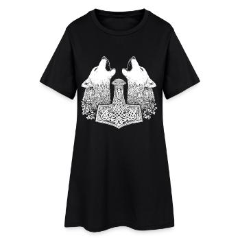 Nordisch Wolf Thor Hammer Wikinger  - Frauen T-Shirt-Kleid - Schwarz - Vorne