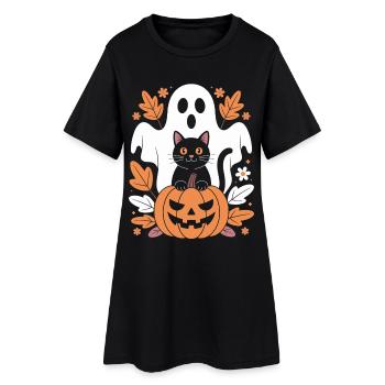Ghost Pumpkin Cat Cute Halloween Autumn - Women’s T-Shirt Dress - black - Front