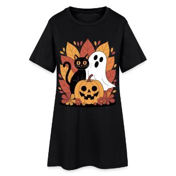 Ghost Pumpkin Cat Cute Halloween Autumn - Women’s T-Shirt Dress - black - Front
