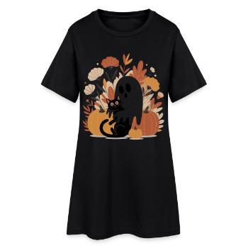 Ghost Pumpkin Cat Cute Halloween Autumn - Women’s T-Shirt Dress - black - Front