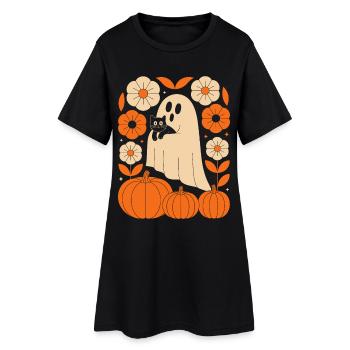 Geist Kürbis Katze Vintage Blumen Halloween Herbst - Frauen T-Shirt-Kleid - Schwarz - Vorne