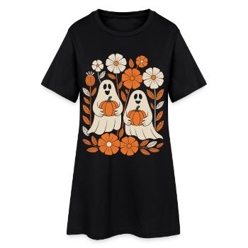 ghost pumpkin flowers retro Halloween autumn - Women’s T-Shirt Dress - black - Front