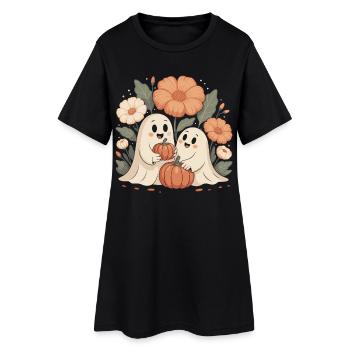 Pumpkin Flowers Autumn Cute Ghosts Halloween - Women’s T-Shirt Dress - black - Front