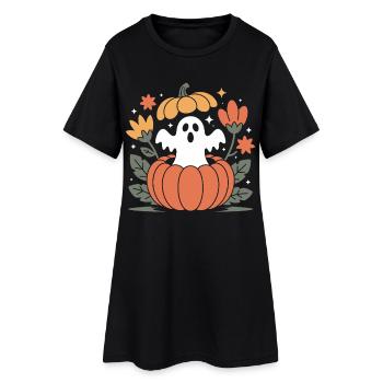 Halloween Herbst Retro Blumen Geist Kürbis - Frauen T-Shirt-Kleid - Schwarz - Vorne