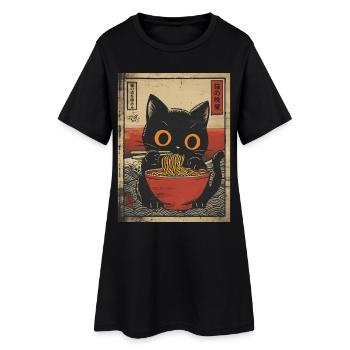 Ramen Süße Katze Japan Welle Retro Manga Motiv - Frauen T-Shirt-Kleid - Schwarz - Vorne