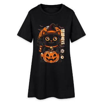 Chat Nocturne Halloween Citrouille Sorcière - Robe T-shirt Femme - noir - Devant