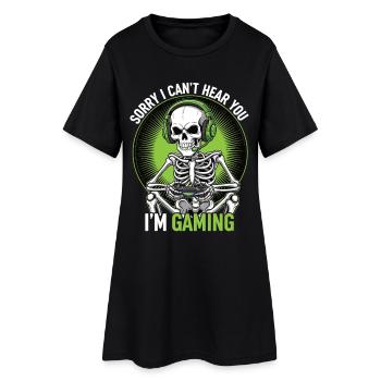Humorvoller Skelett-Gaming-Print - Frauen T-Shirt-Kleid - Schwarz - Vorne