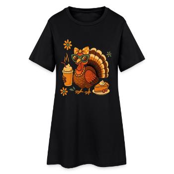 Turkey Drinking Coffee Bow Thanksgiving Day Idea - Women’s T-Shirt Dress - black - Front